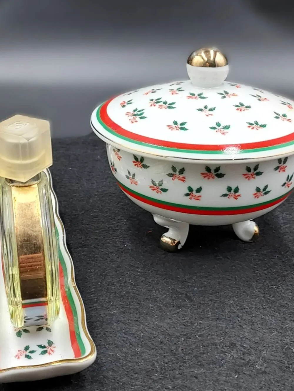 Vintage Lefton Handpainted Holly Holiday Covered Dish and Tray